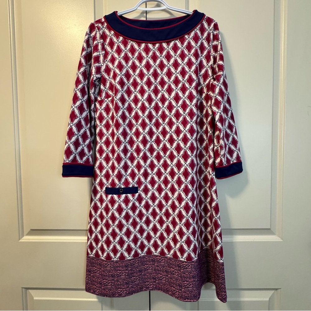 Cabana Life Red White Navy Summer Shift Dress Tunic Swim Cover-up, UPF 50+ Sz M